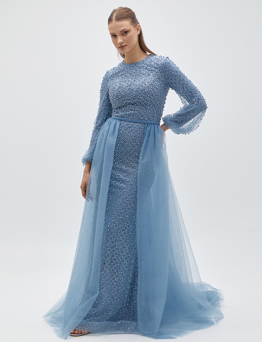 Pearl Embroidered Cape Evening Dress Granite Blue
