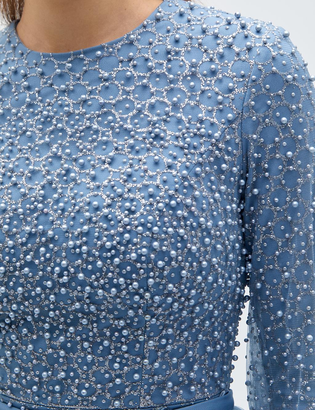 İnci İşlemeli Pelerinli Abiye Granit Mavi