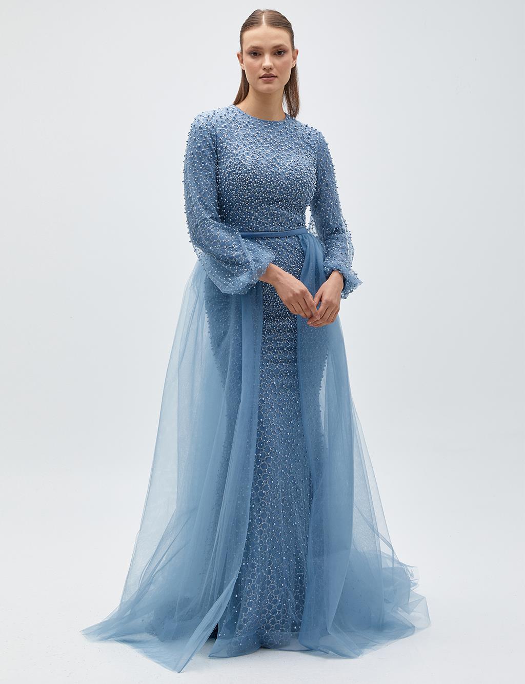 Pearl Embroidered Cape Evening Dress Granite Blue