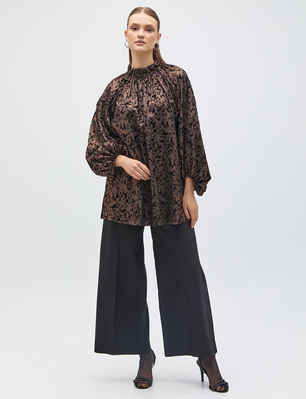 Floral Patterned Balloon Sleeve Blouse Copper