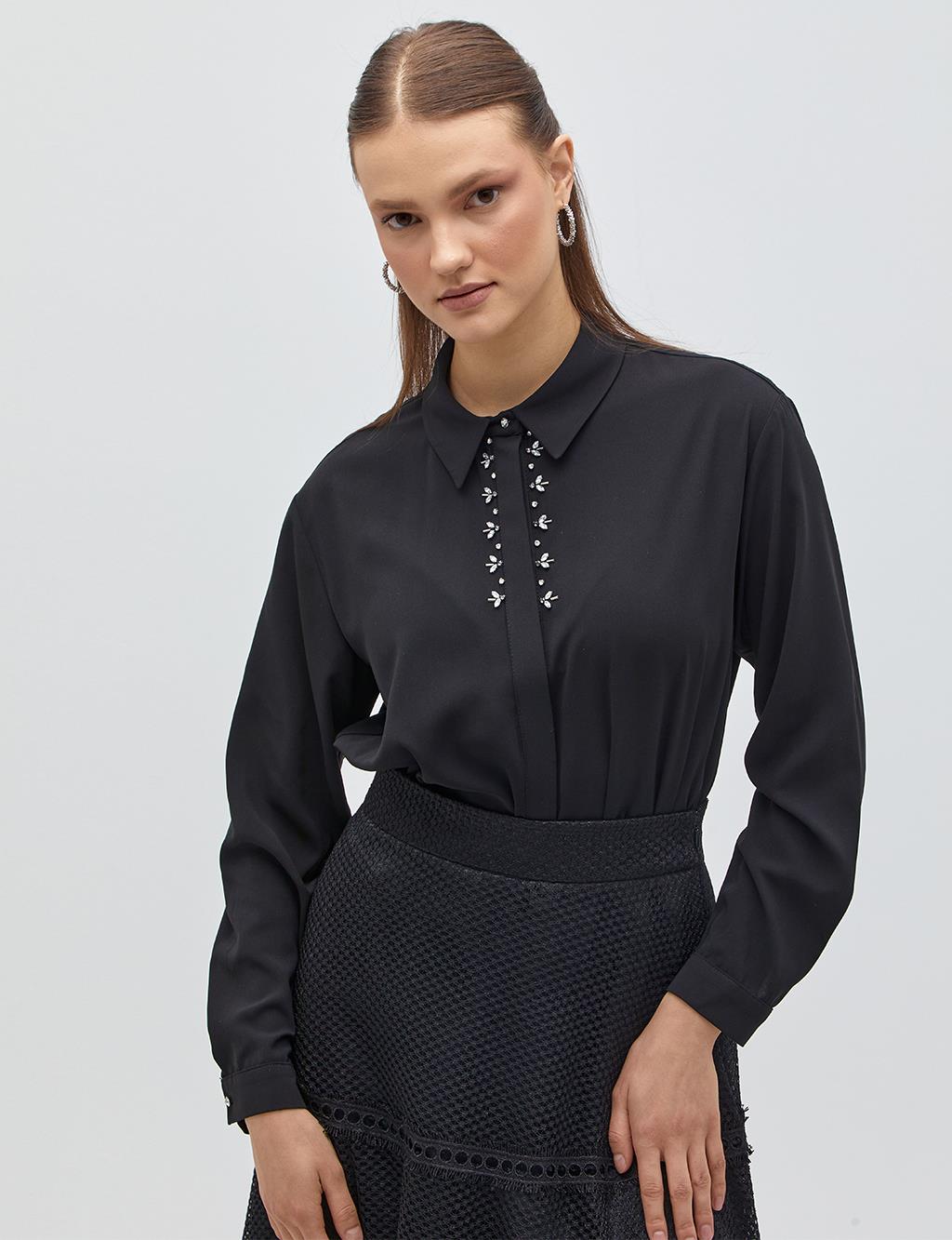 KYR Stone Embroidered Pati Concealed Shirt Black