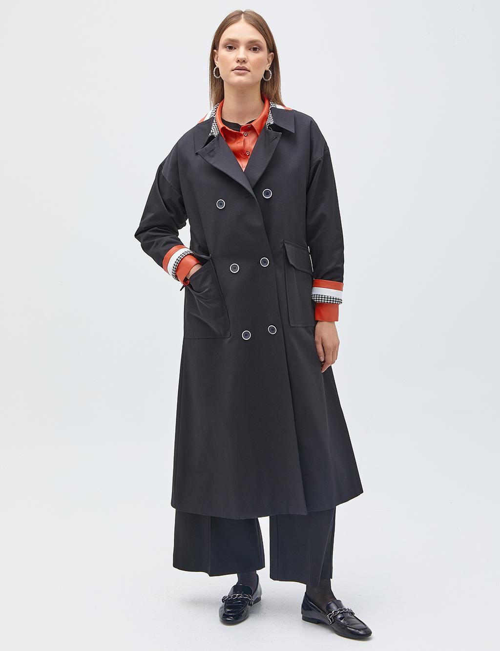 Double Pocketed Double Breasted Trench Coat Black