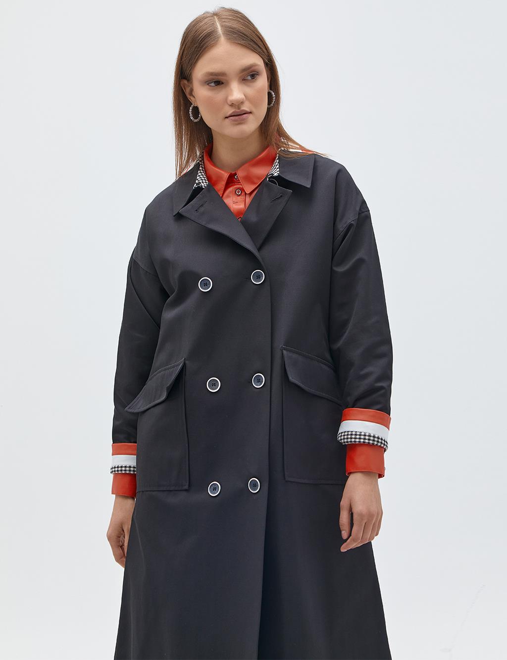 Double Pocketed Double Breasted Trench Coat Black