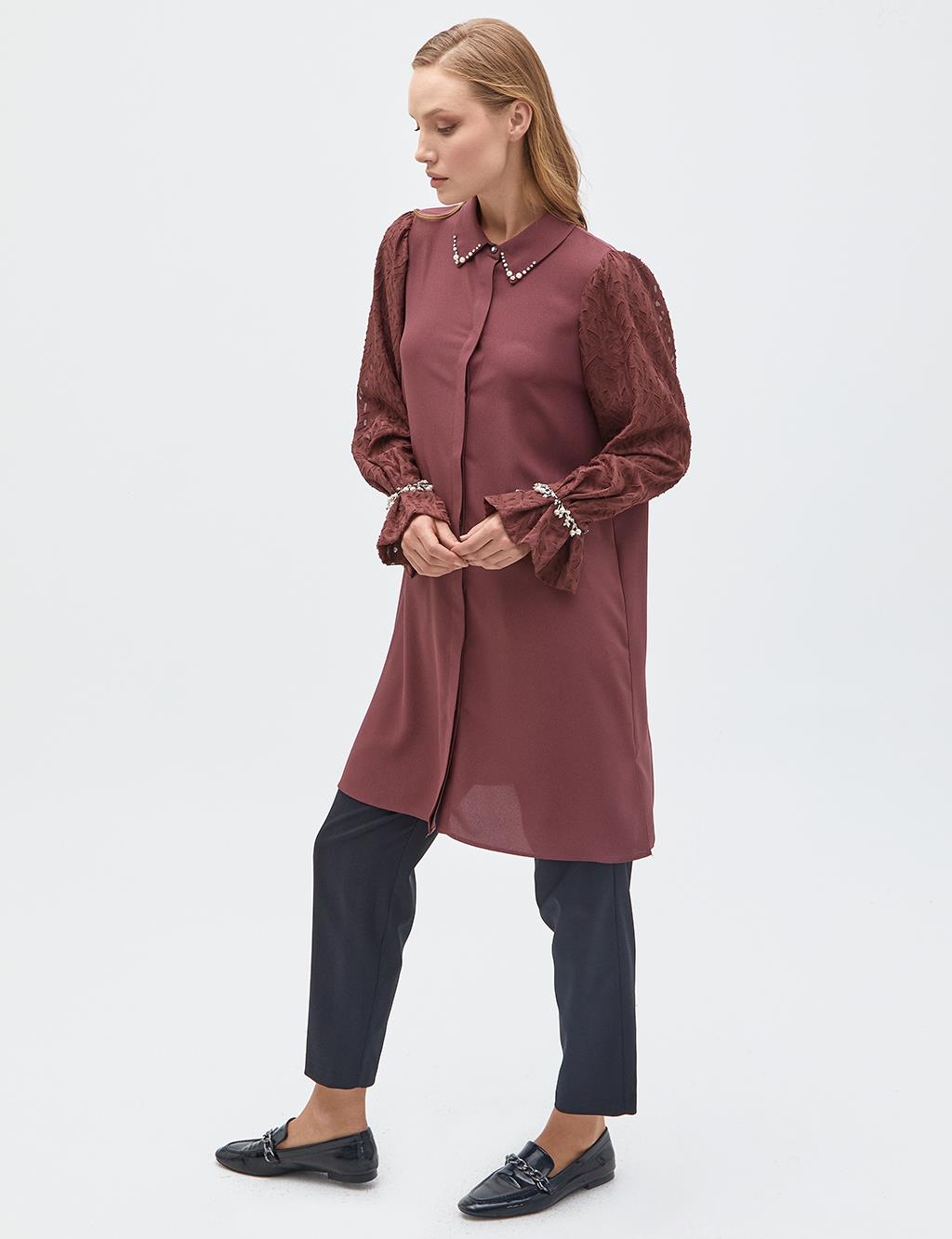 Stone Embellished Long Tunic Bronze Brown