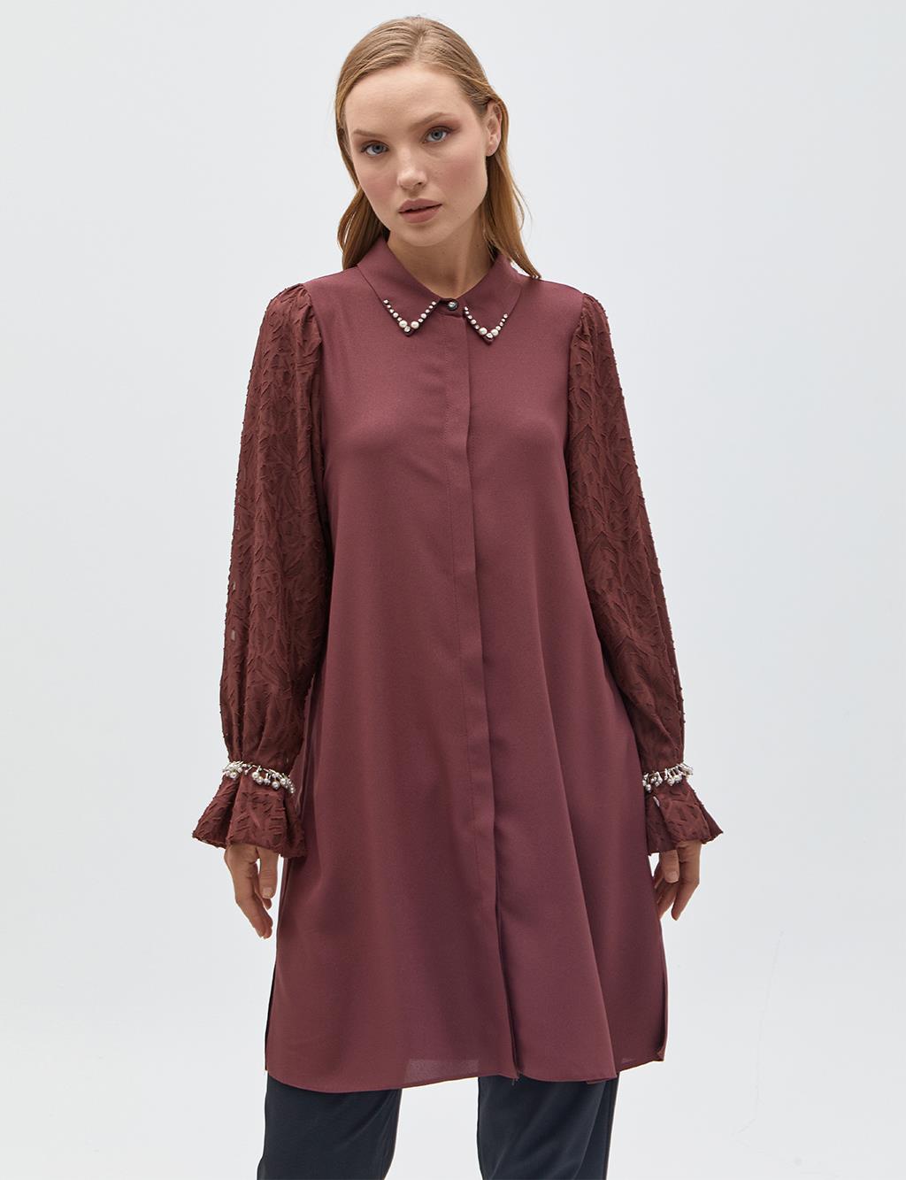 Stone Embellished Long Tunic Bronze Brown