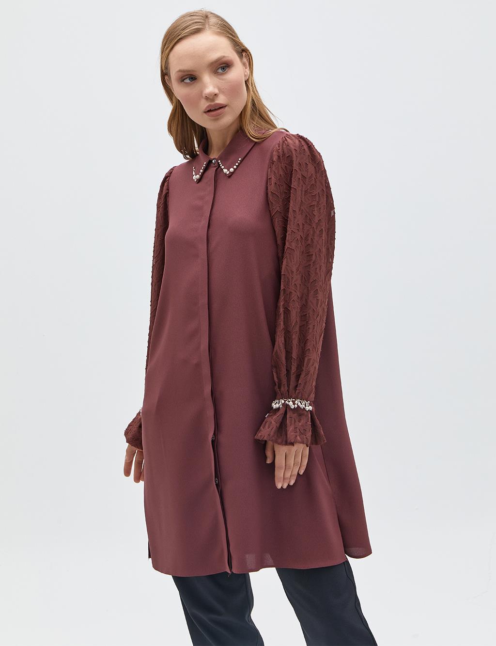 Stone Embellished Long Tunic Bronze Brown