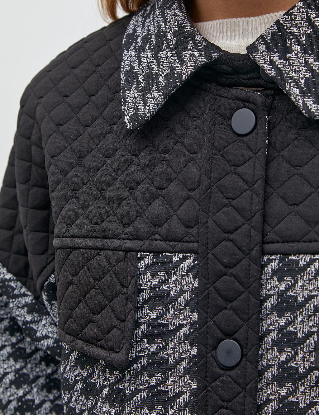 Houndstooth Patterned Tweed Jacket Black