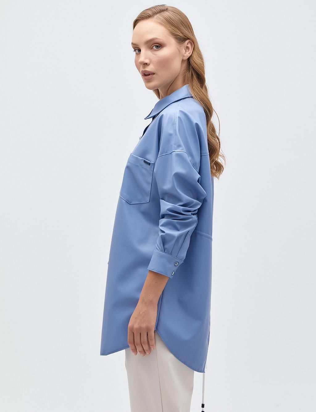 Back Detailed Faux Leather Shirt Sky Blue