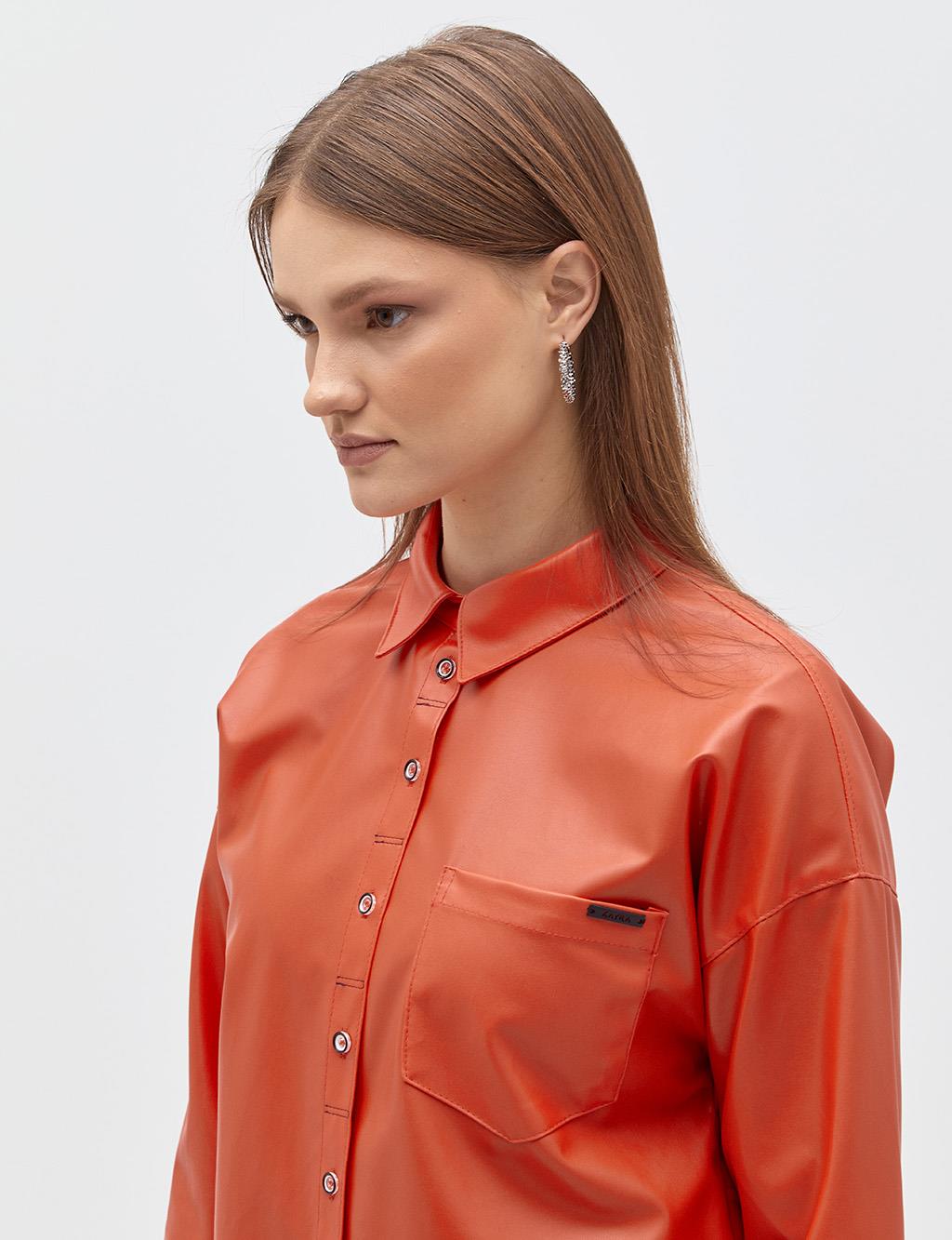 Back Detailed Faux Leather Shirt Coral
