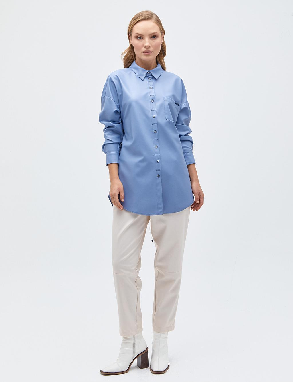 Back Detailed Faux Leather Shirt Sky Blue