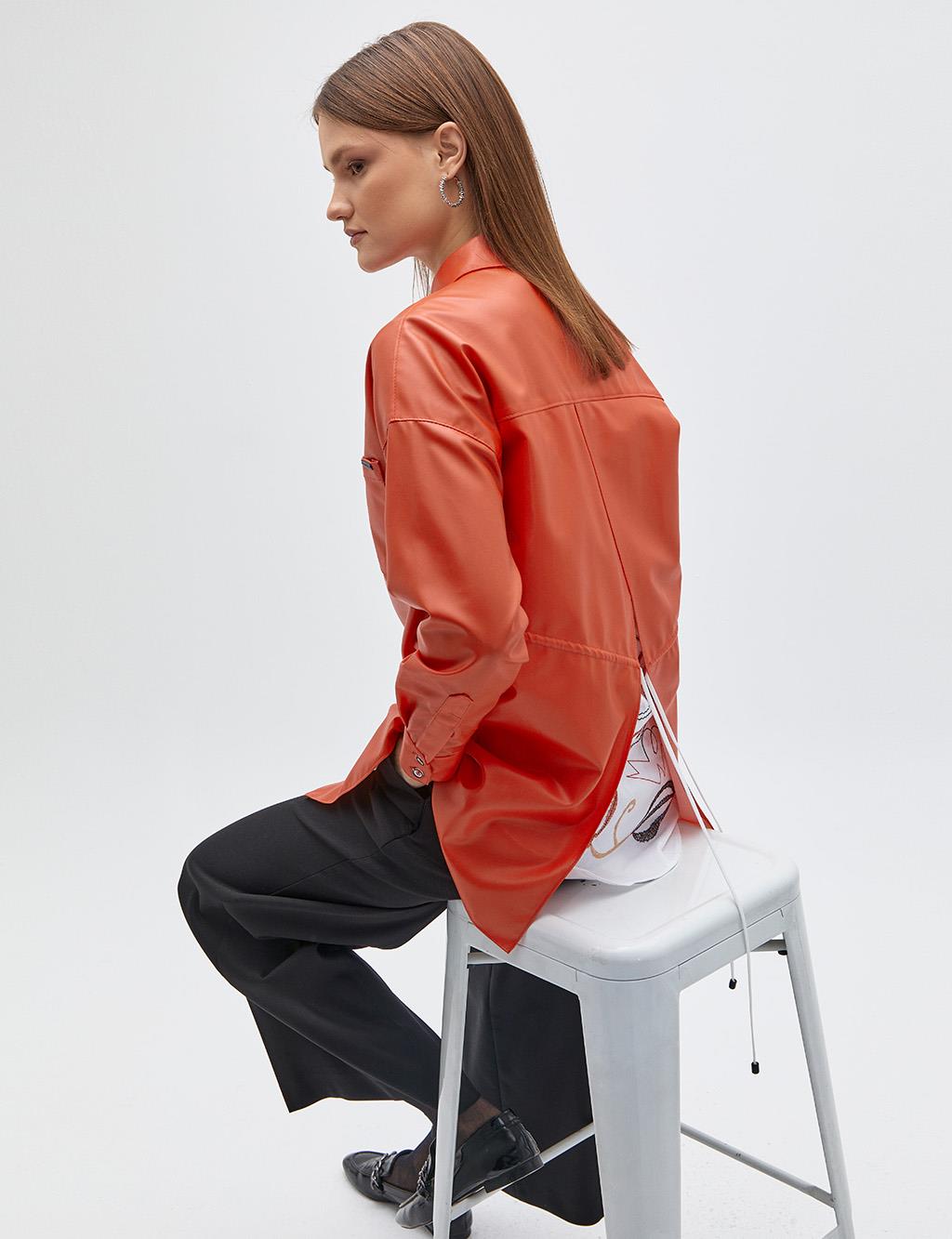 Back Detailed Faux Leather Shirt Coral