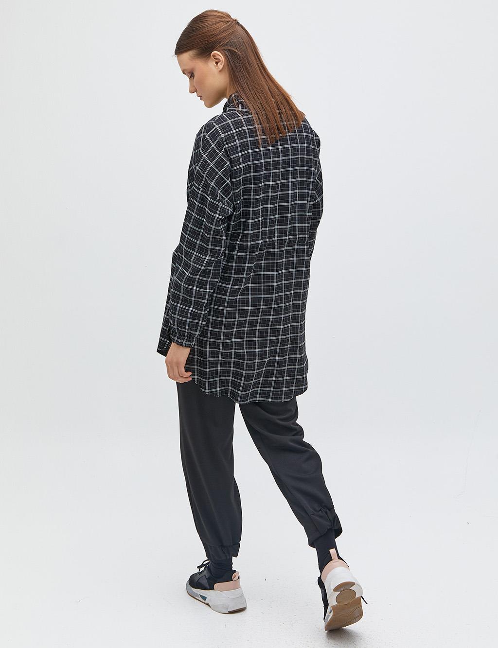 Checkered Grandad Collar Tunic Black