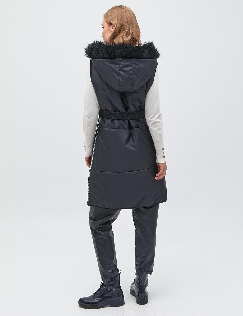 Fur Hooded Double Sided Coat Black