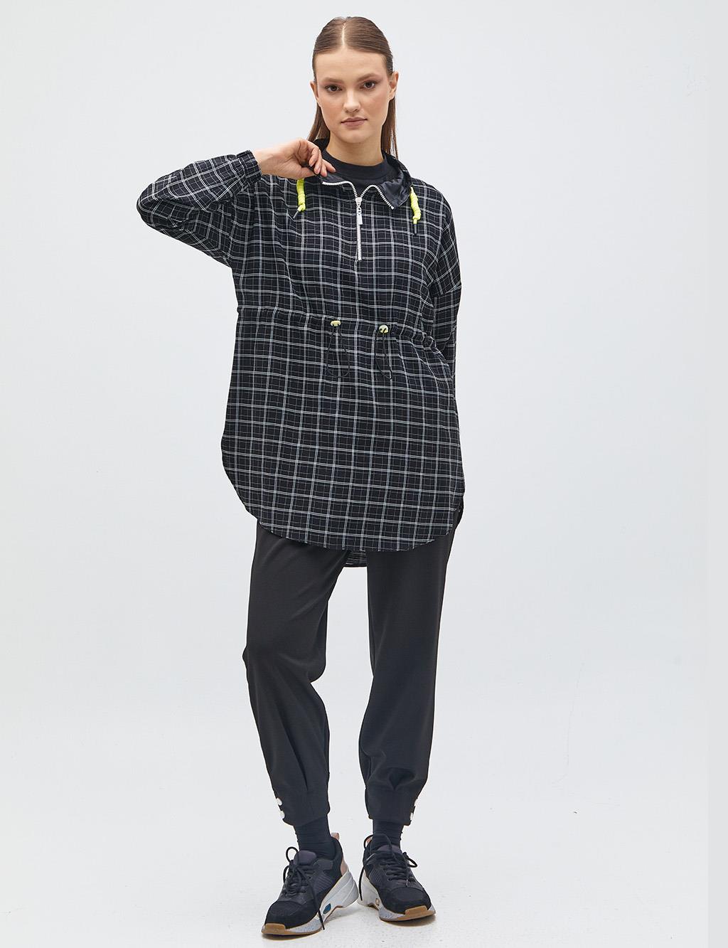 Checkered Grandad Collar Tunic Black
