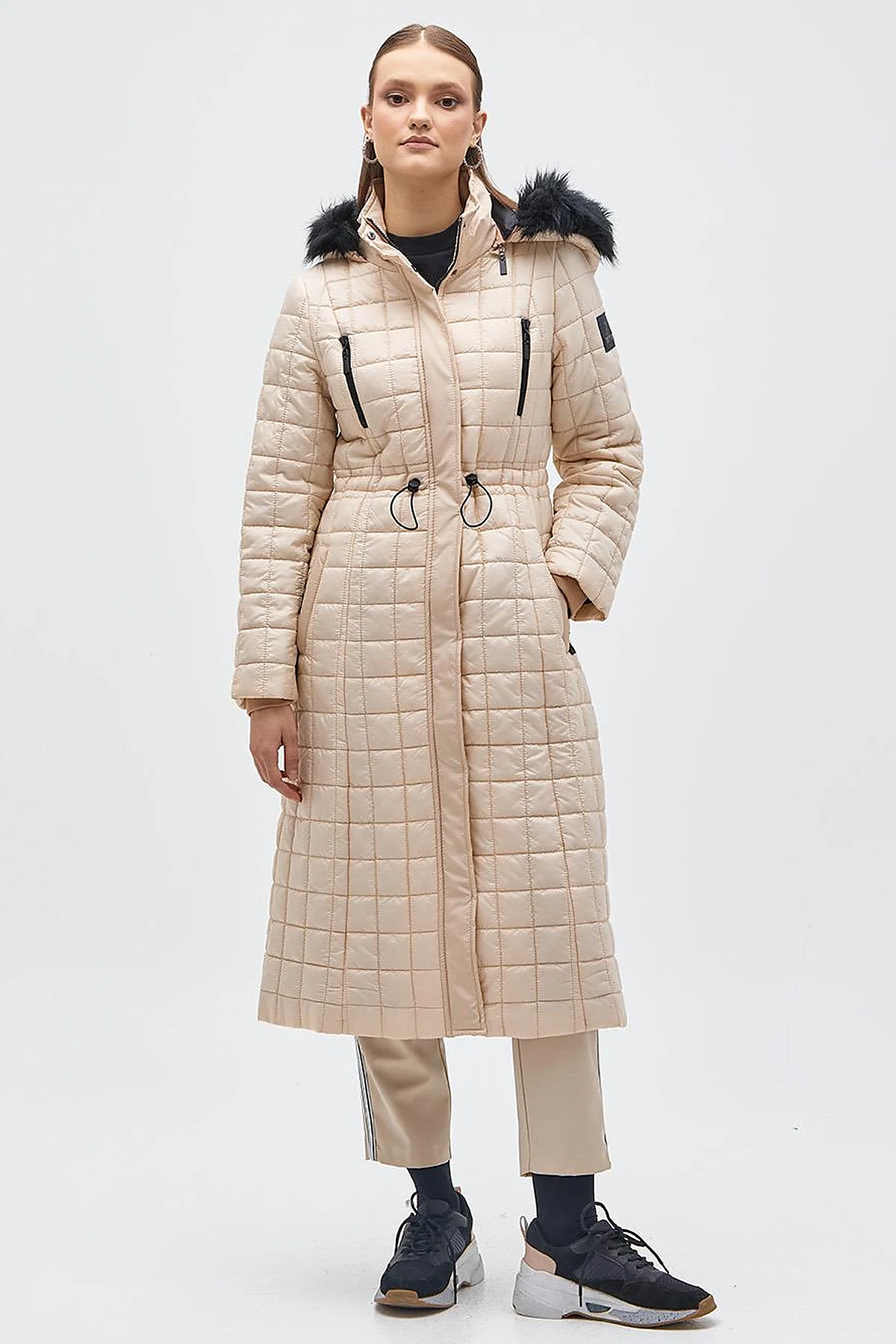 Fur Hooded Checkered Inflatable Coat Beige