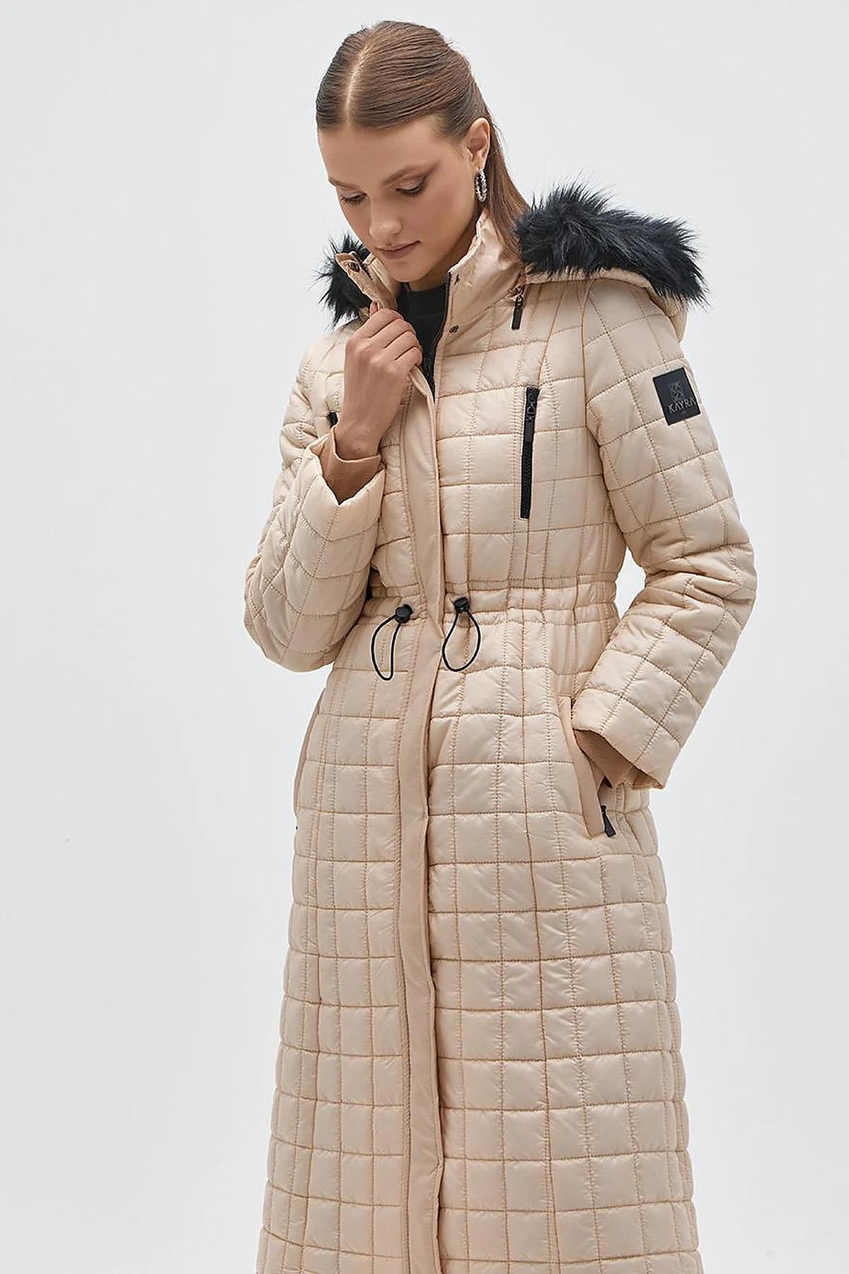 Fur Hooded Checkered Inflatable Coat Beige