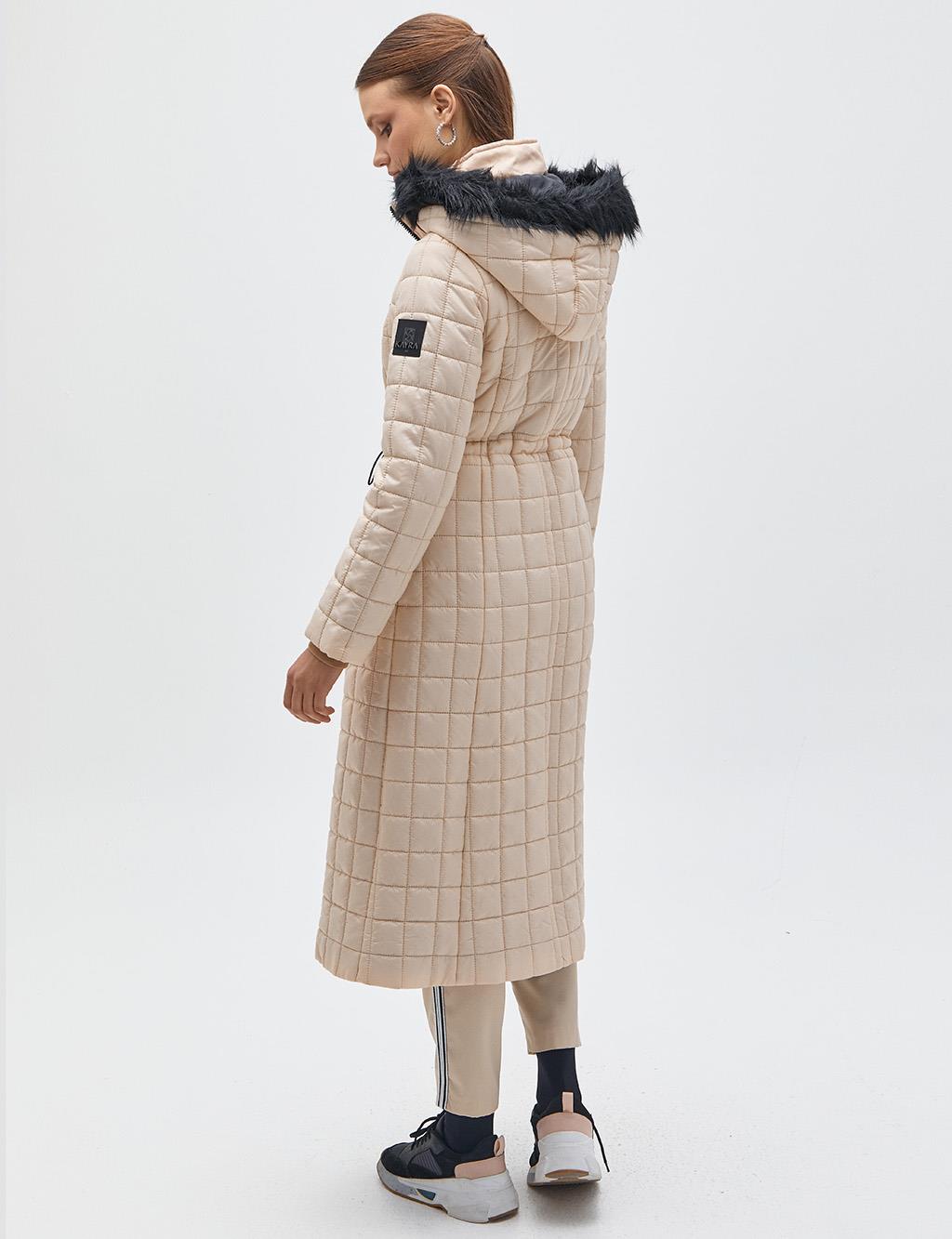 Fur Hooded Checkered Inflatable Coat Beige