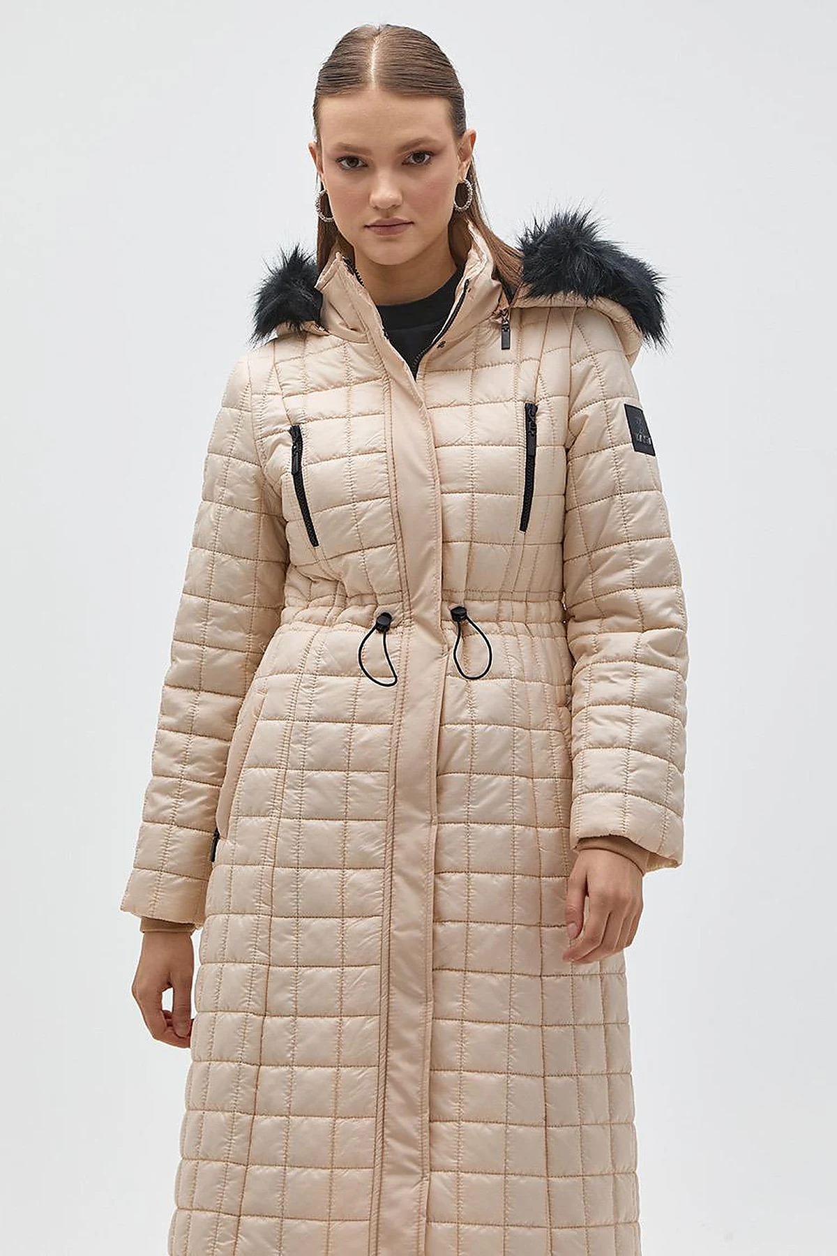 Fur Hooded Checkered Inflatable Coat Beige
