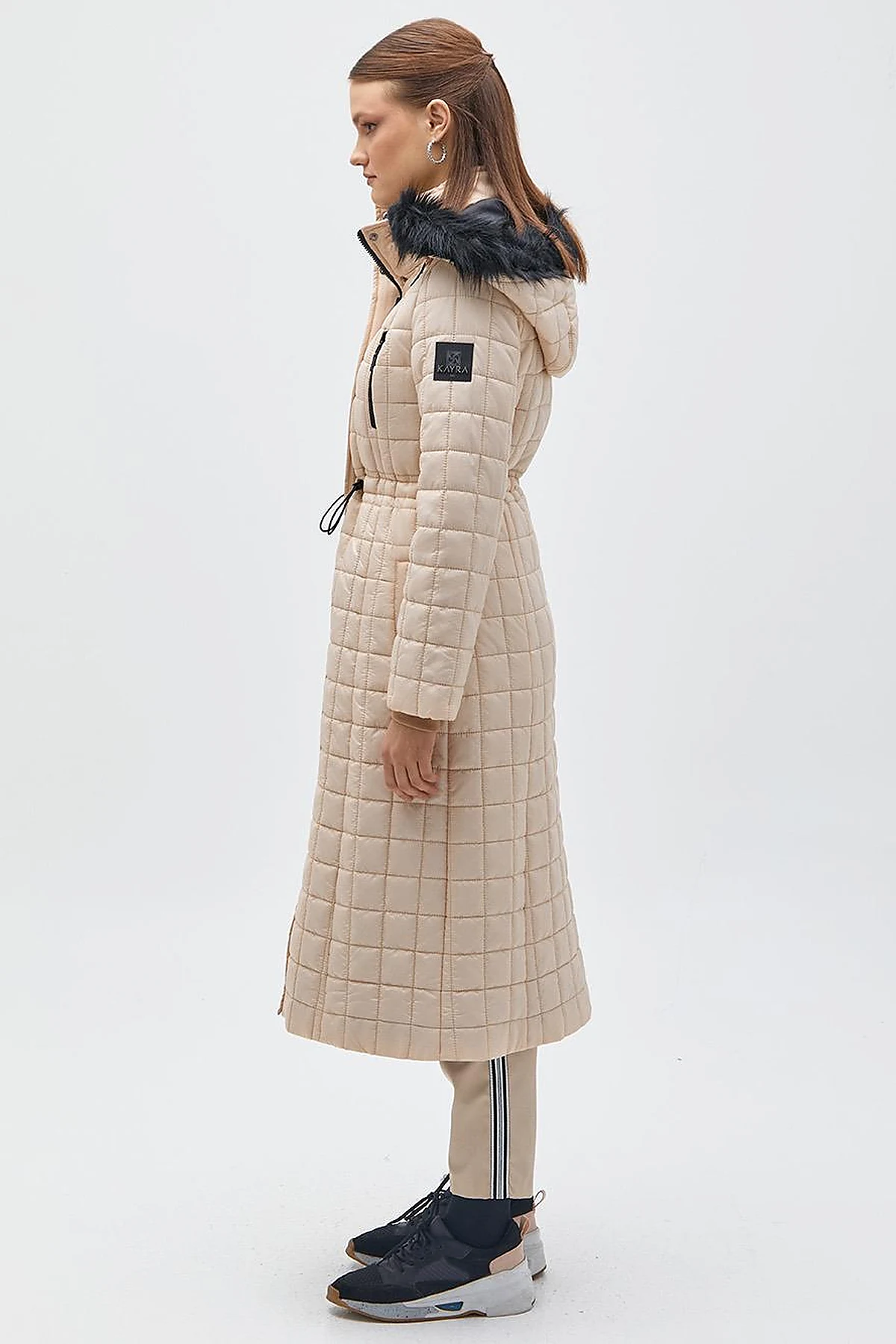 Fur Hooded Checkered Inflatable Coat Beige