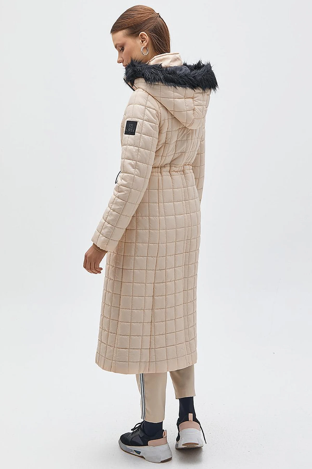 Fur Hooded Checkered Inflatable Coat Beige