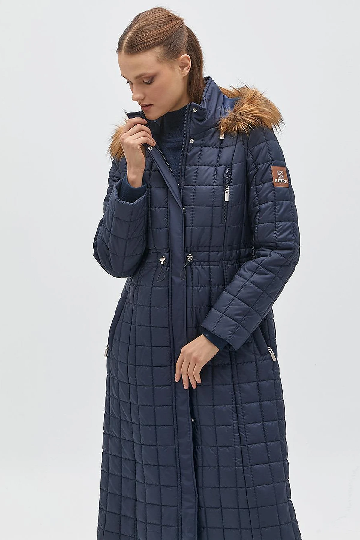 Fur Hooded Checkered Inflatable Coat Navy