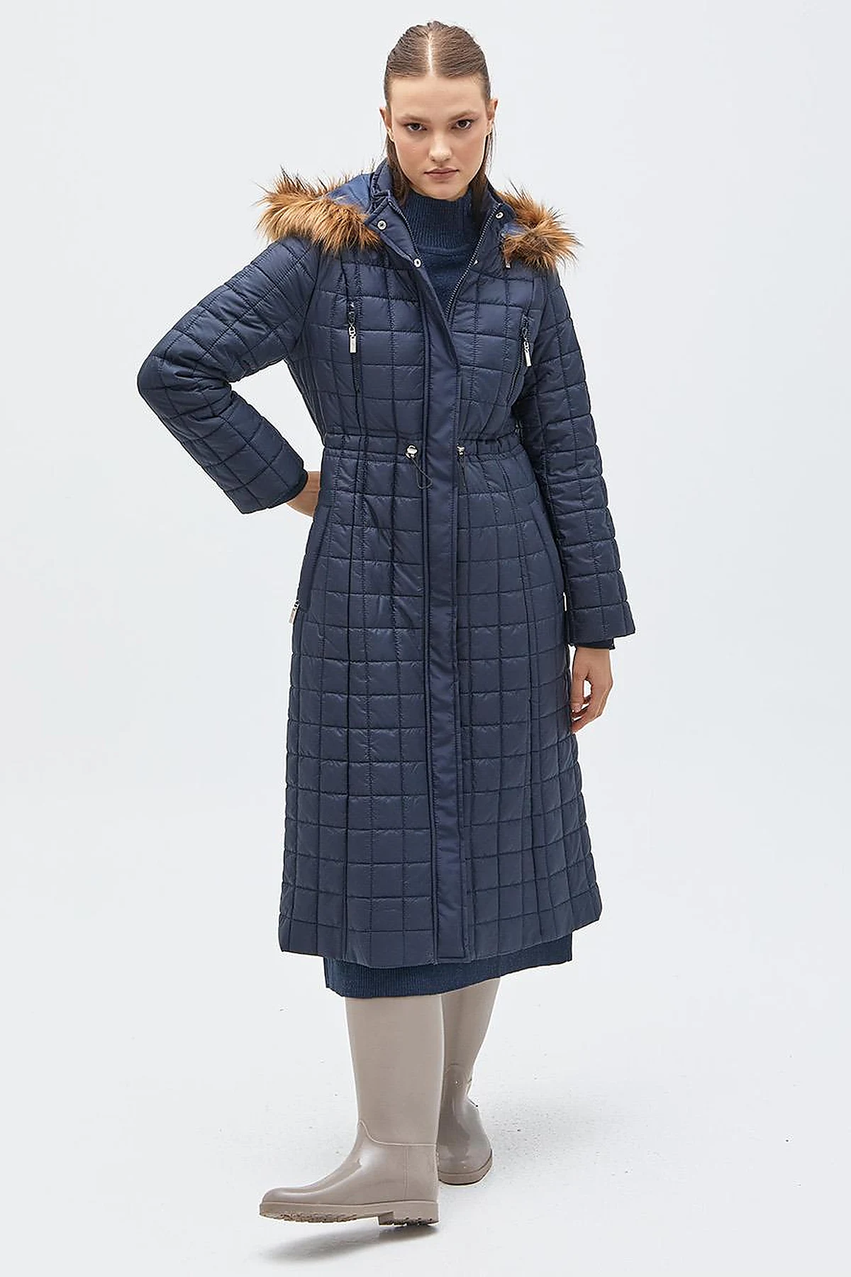 Fur Hooded Checkered Inflatable Coat Navy
