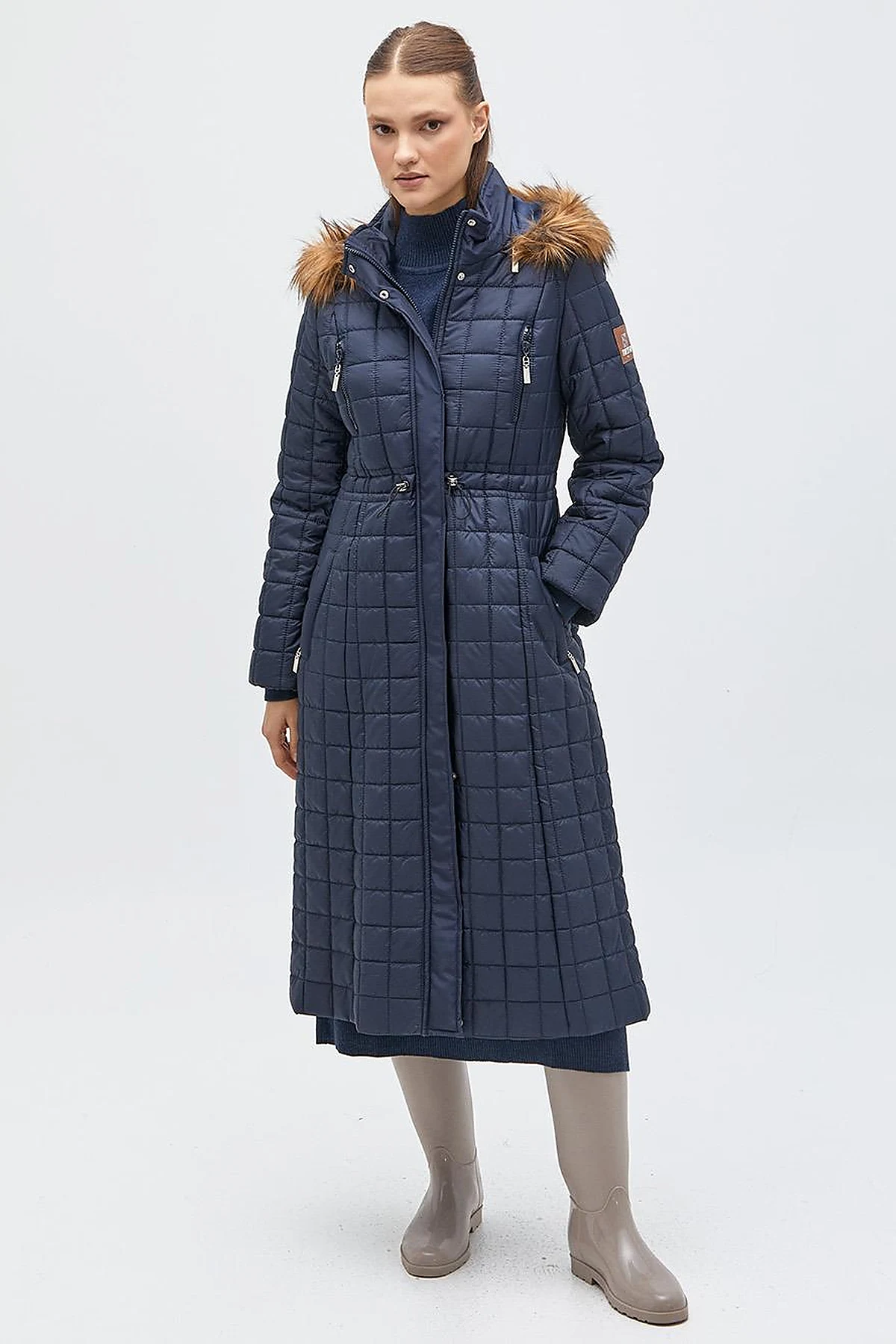 Fur Hooded Checkered Inflatable Coat Navy