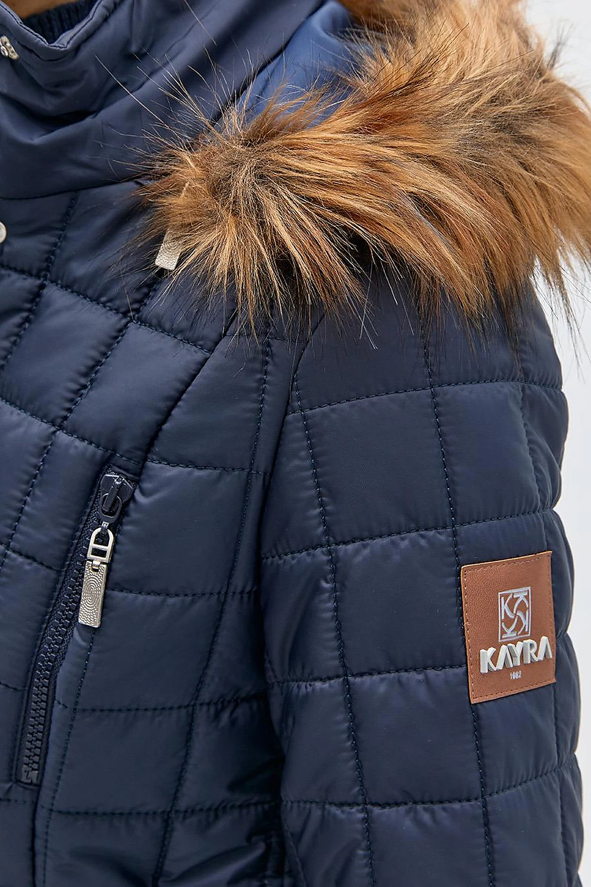 Fur Hooded Checkered Inflatable Coat Navy