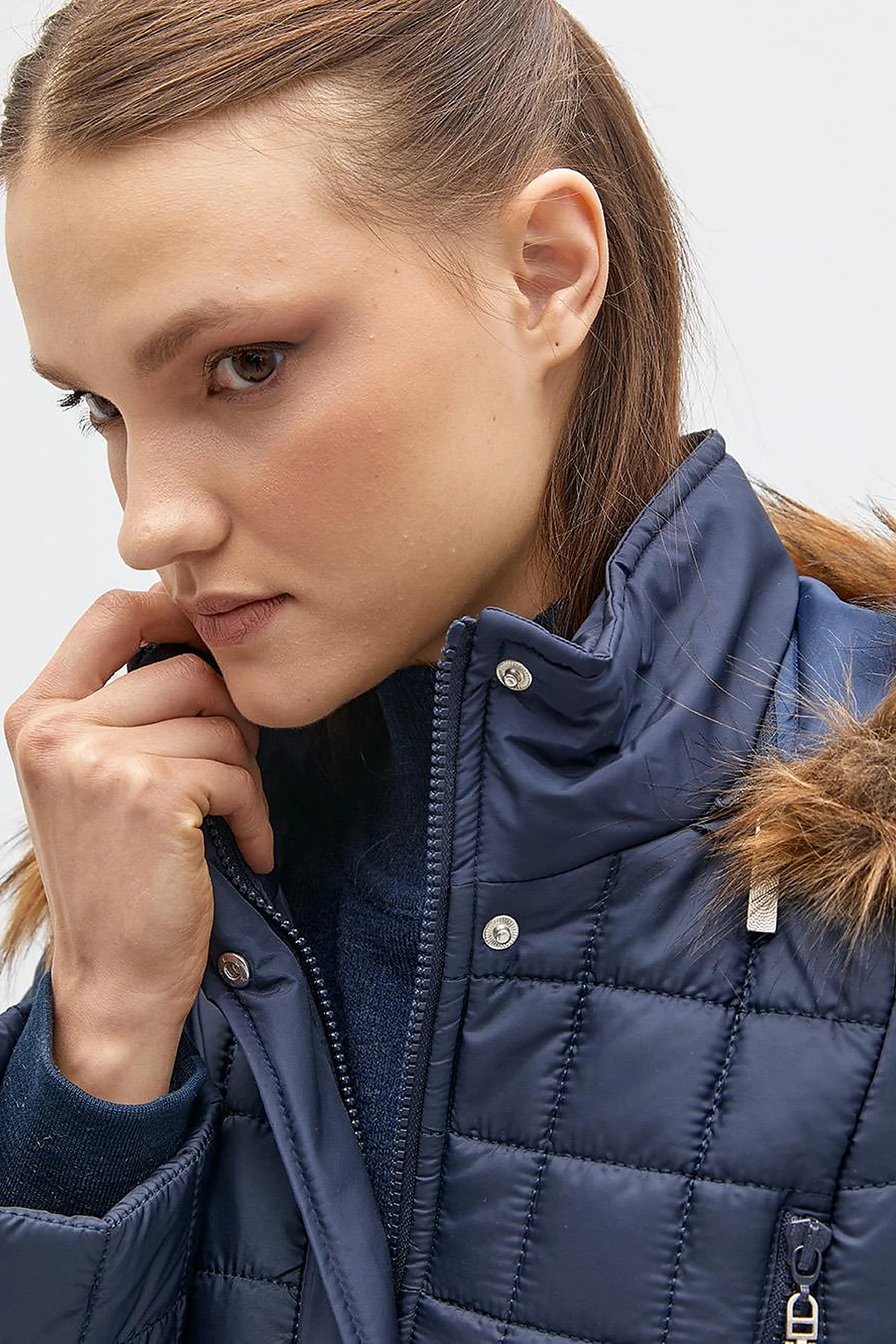 Fur Hooded Checkered Inflatable Coat Navy