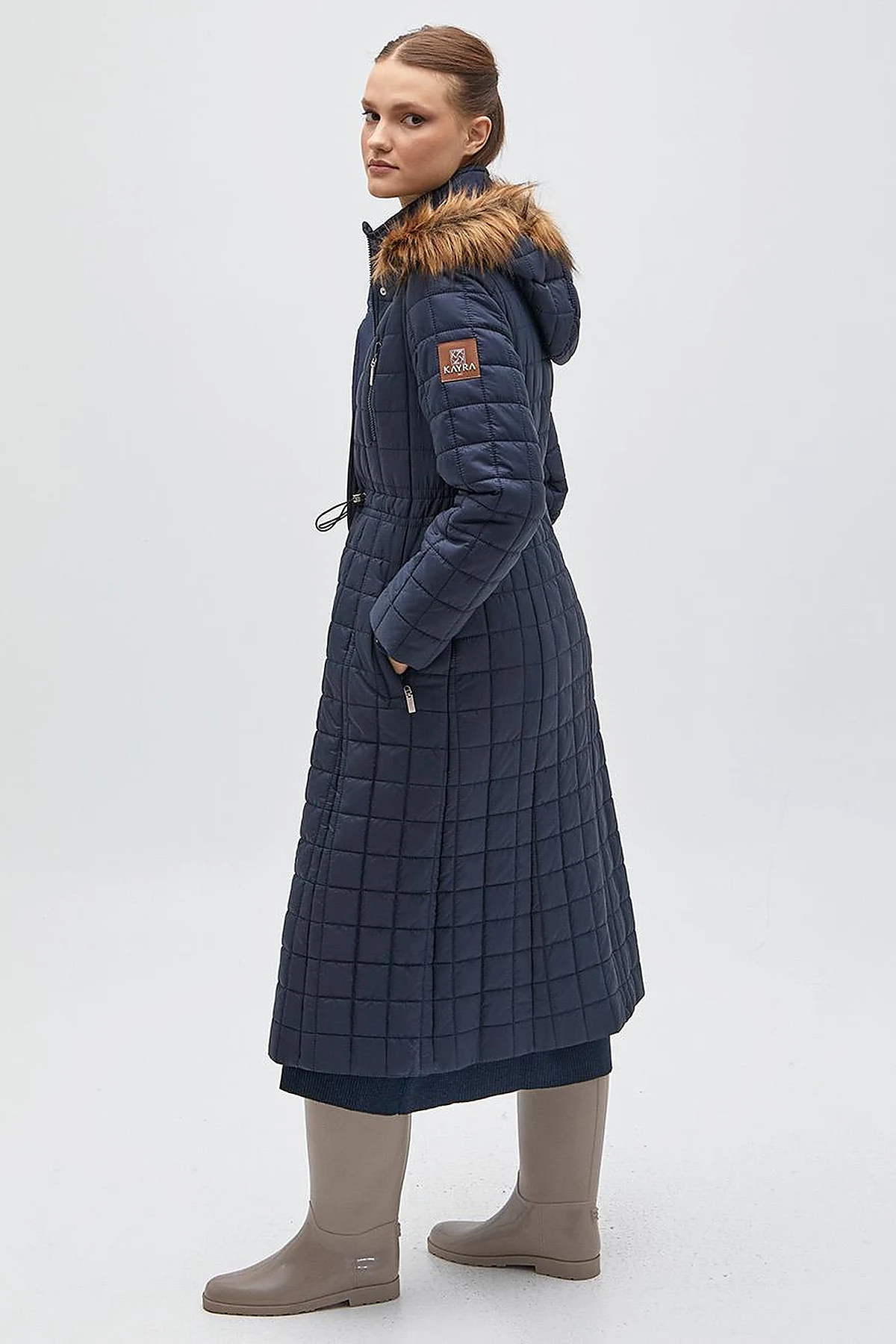 Fur Hooded Checkered Inflatable Coat Navy