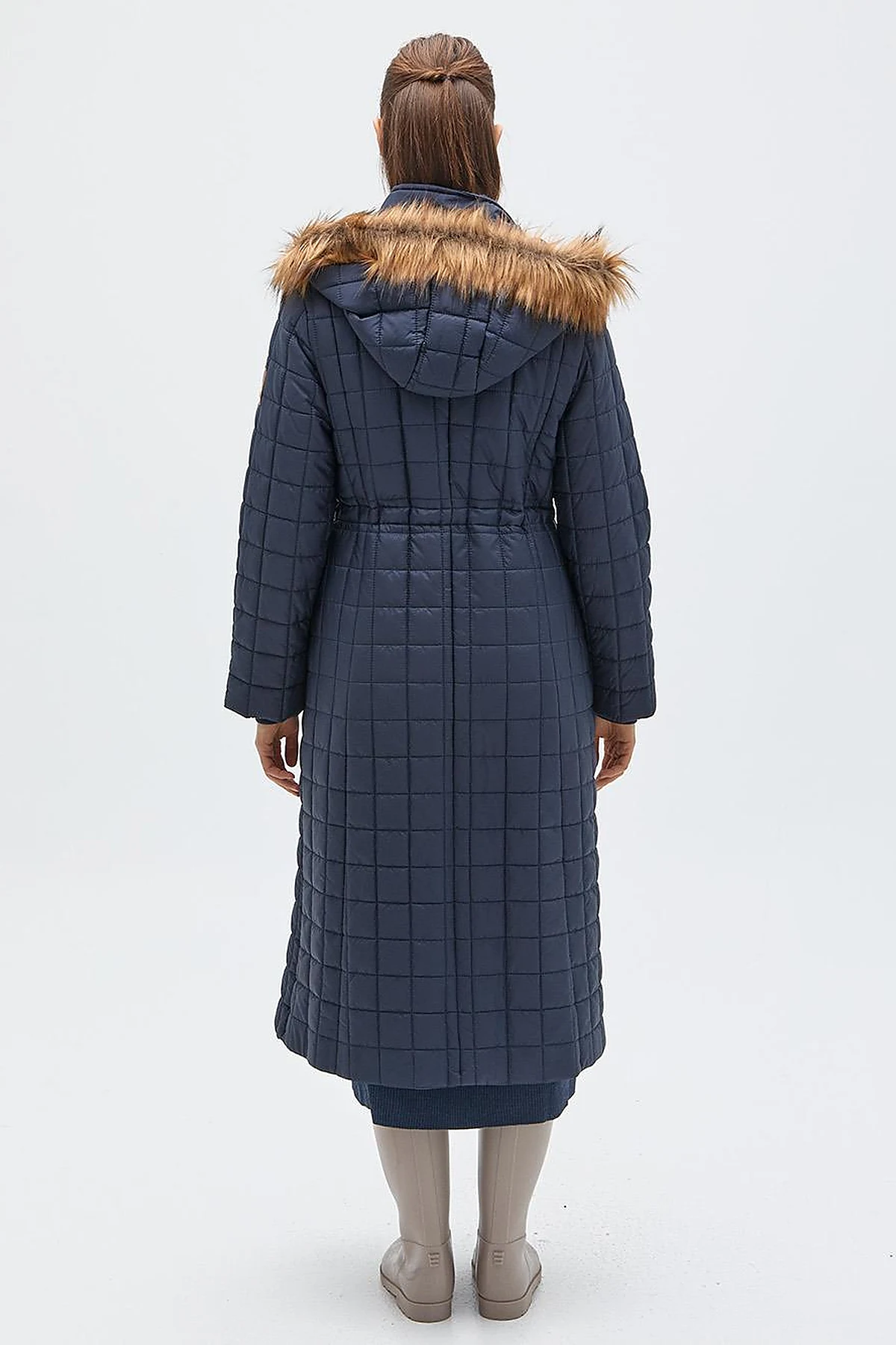 Fur Hooded Checkered Inflatable Coat Navy