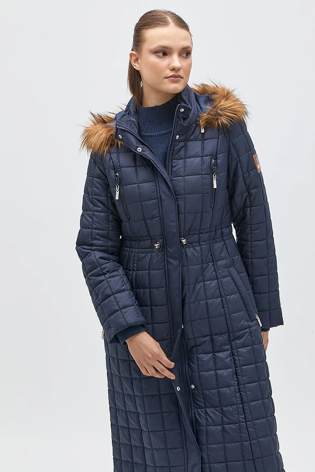 Fur Hooded Checkered Inflatable Coat Navy