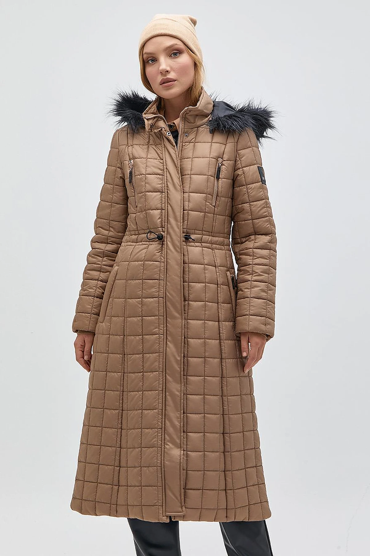 Fur Hooded Checkered Inflatable Coat Mink
