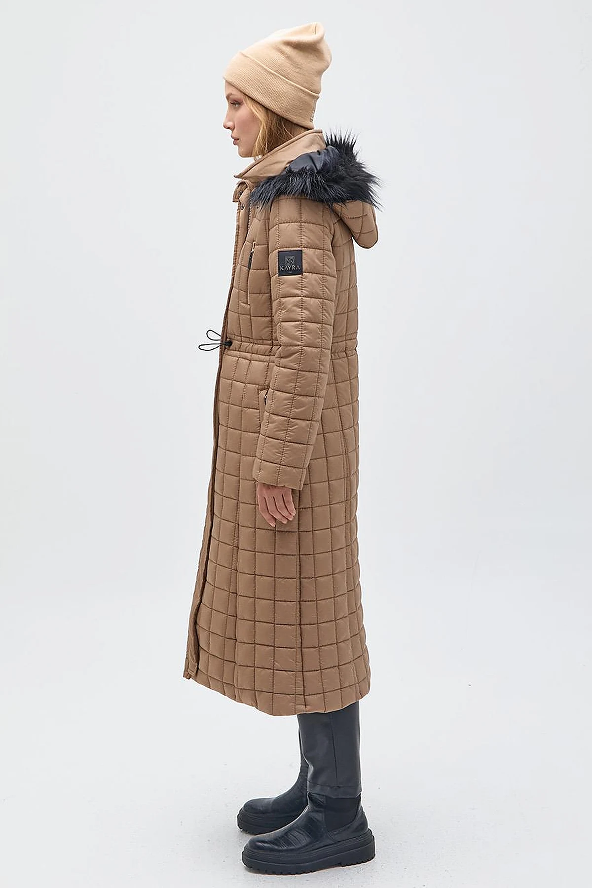 Fur Hooded Checkered Inflatable Coat Mink