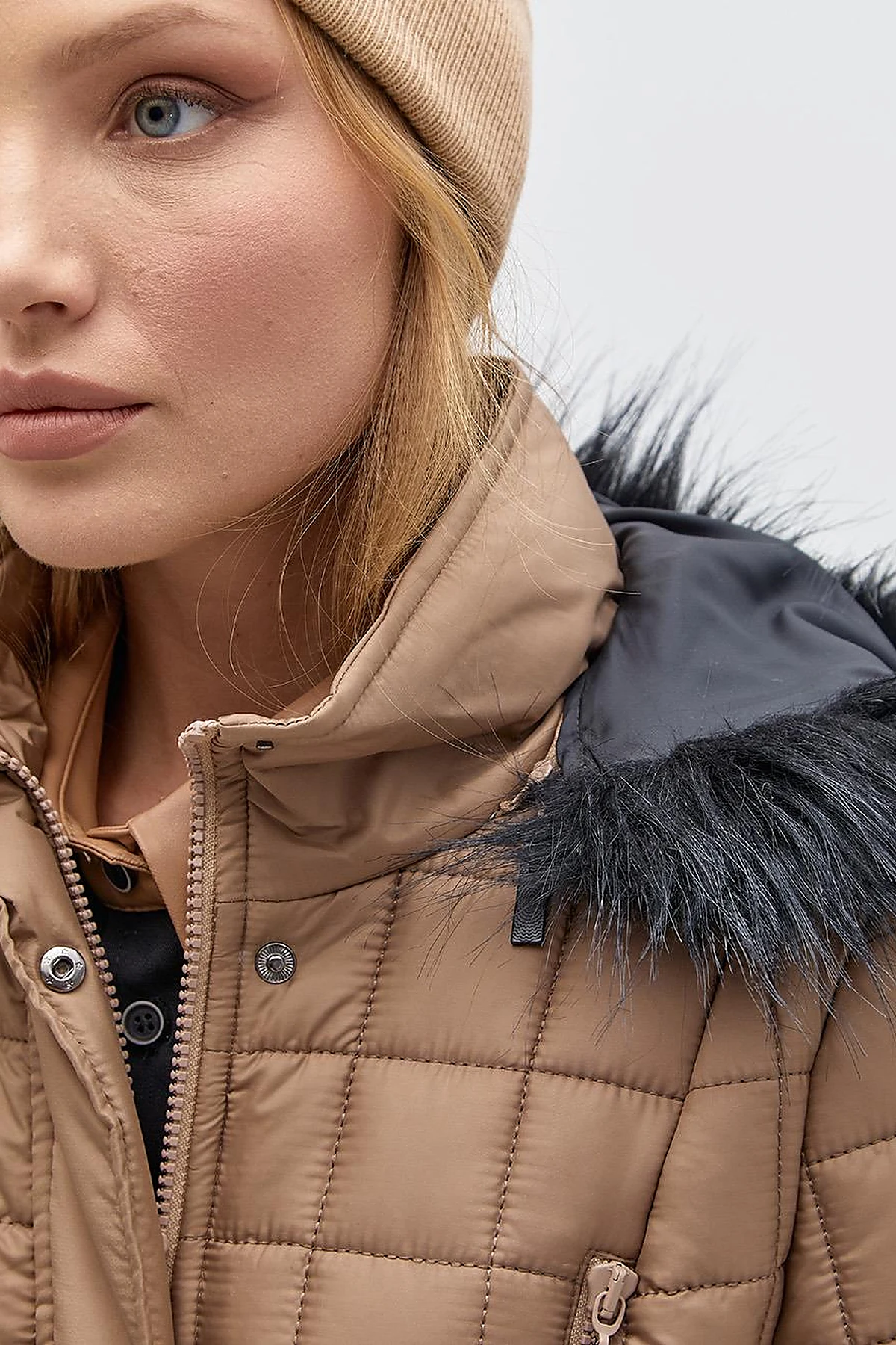 Fur Hooded Checkered Inflatable Coat Mink