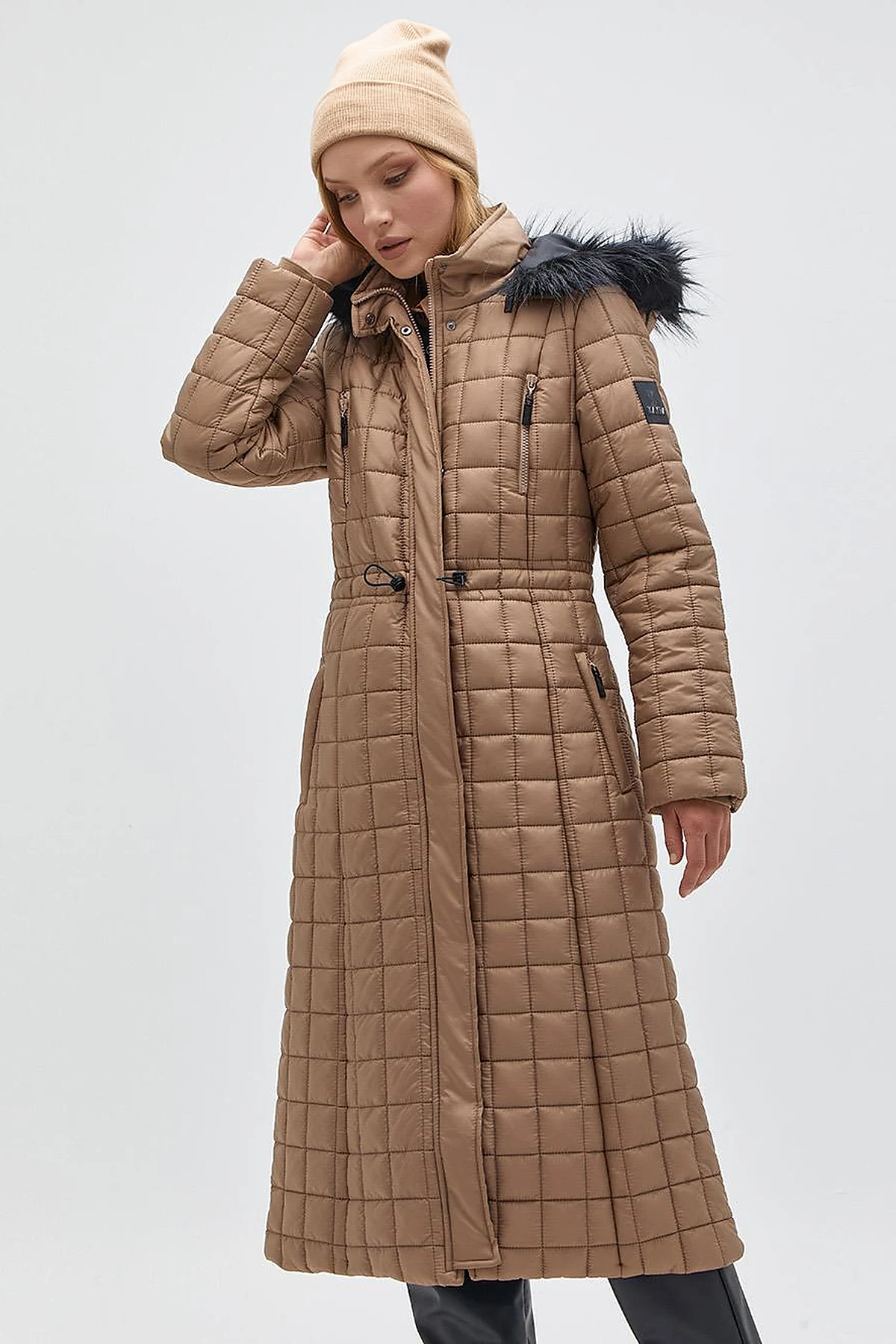 Fur Hooded Checkered Inflatable Coat Mink