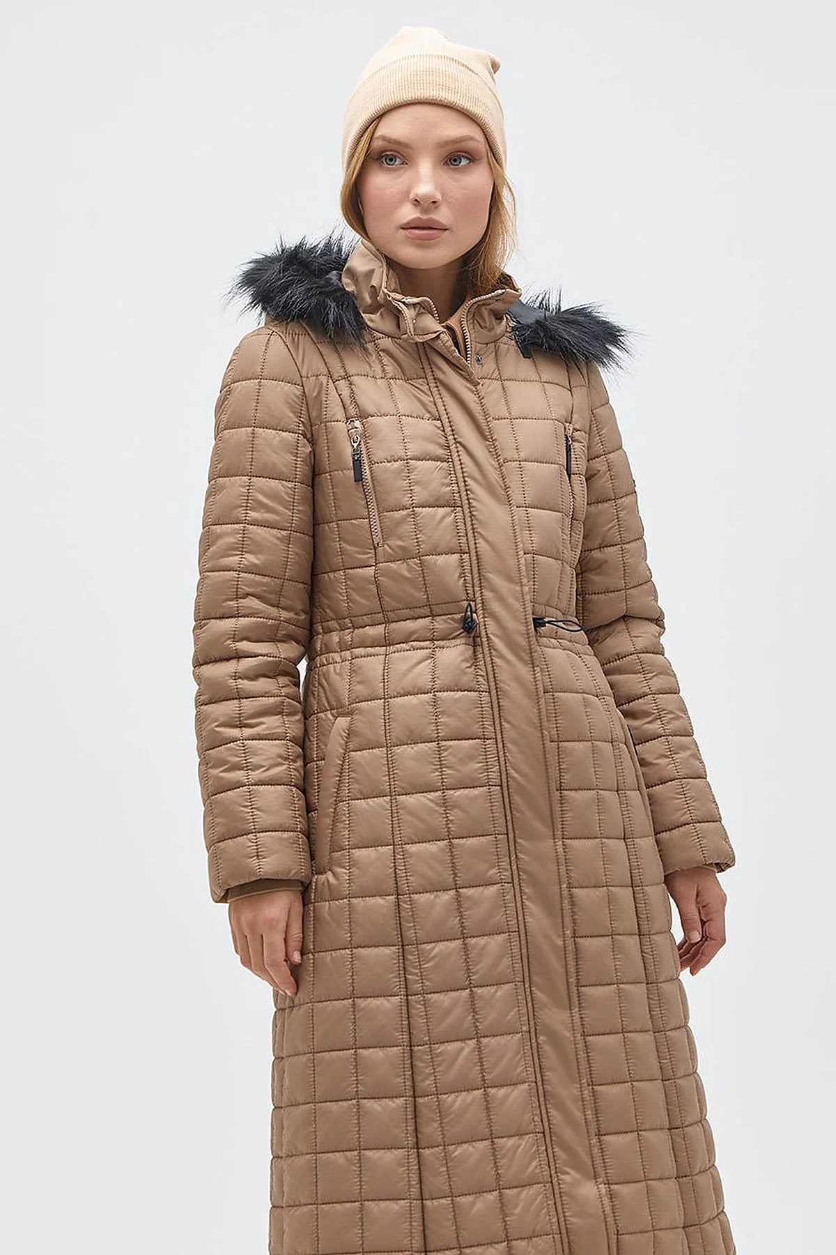 Fur Hooded Checkered Inflatable Coat Mink