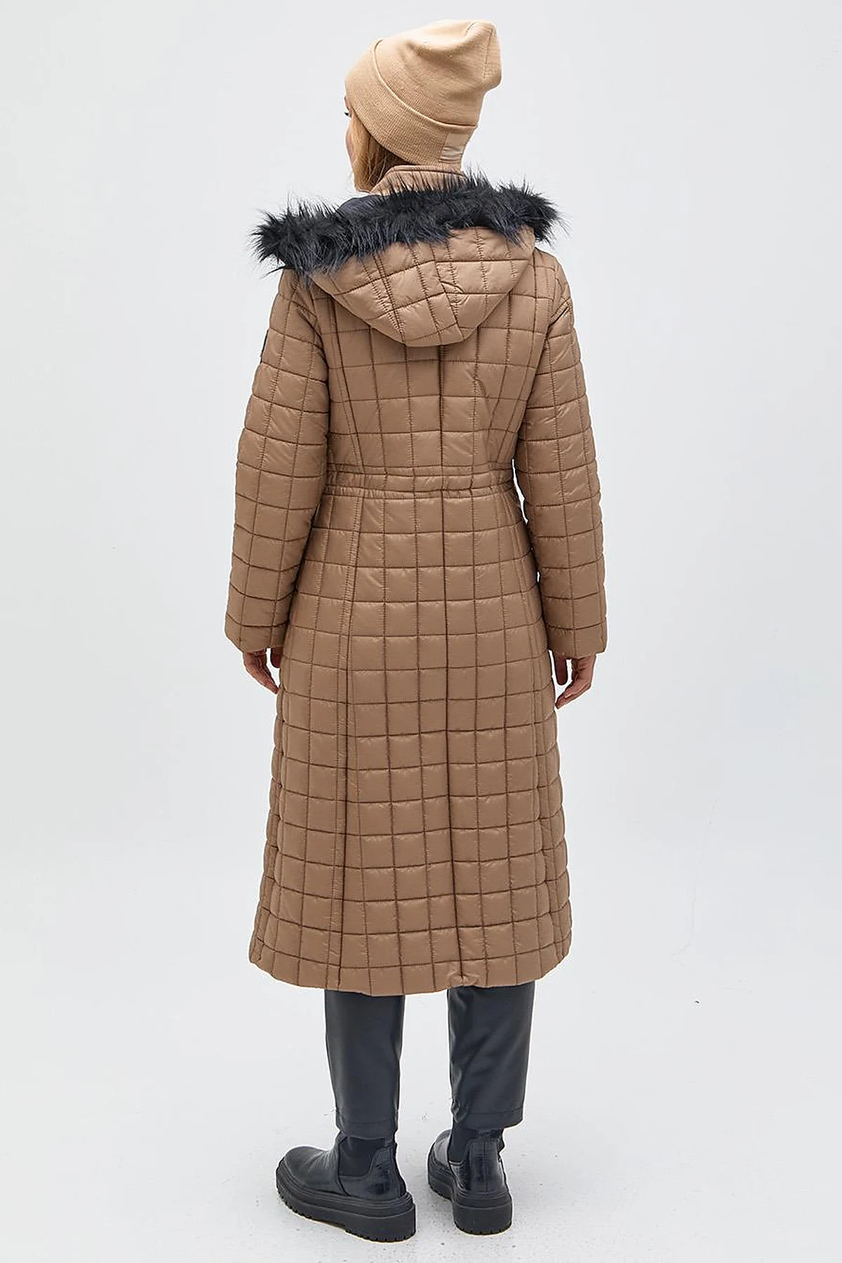 Fur Hooded Checkered Inflatable Coat Mink