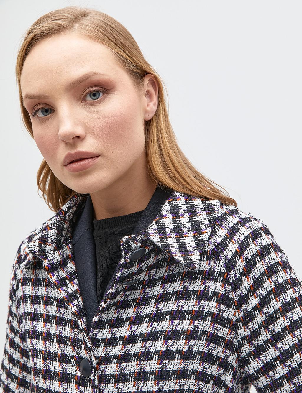 Houndstooth Patterned Tweed Coat Black-Orange