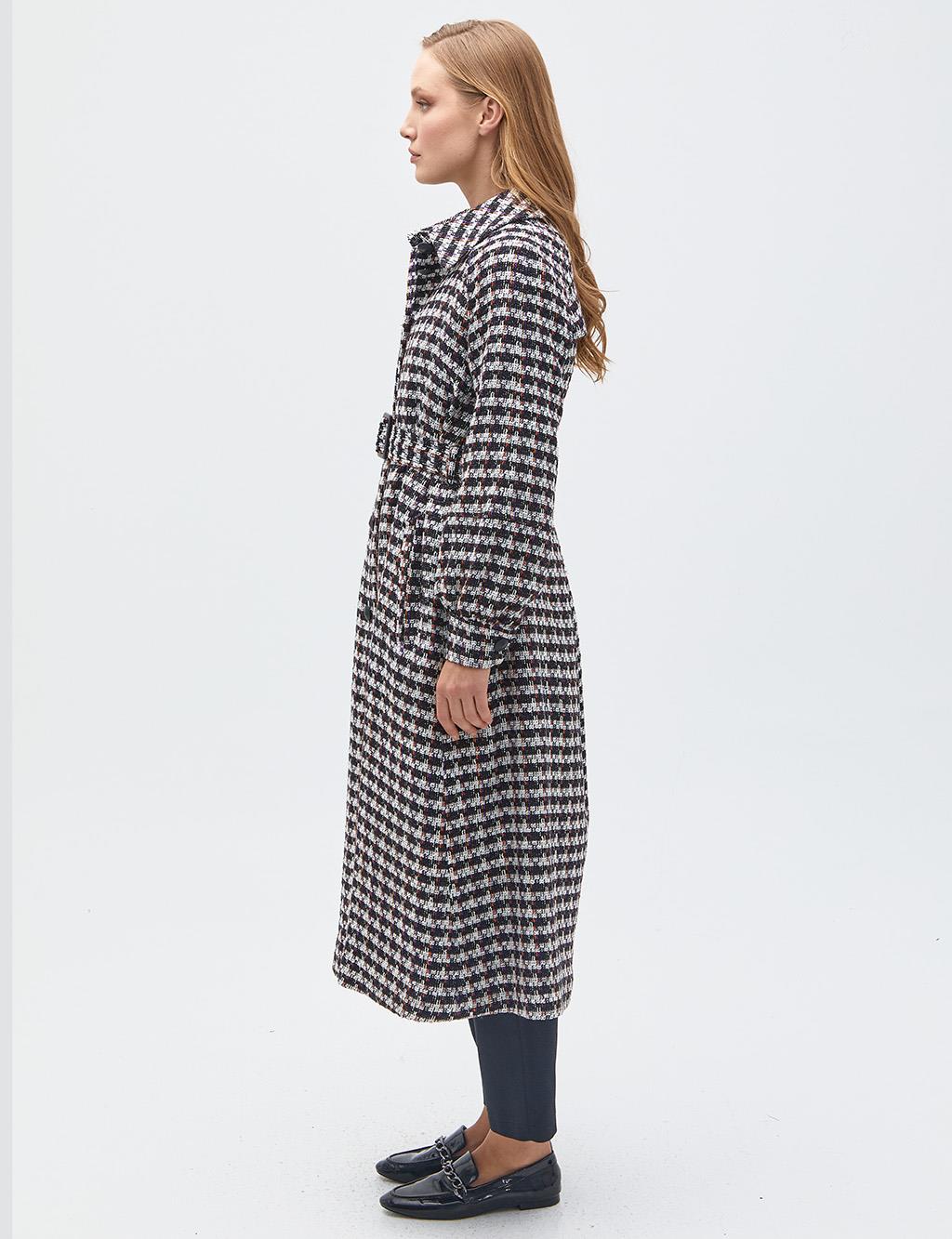 Houndstooth Patterned Tweed Coat Black-Orange