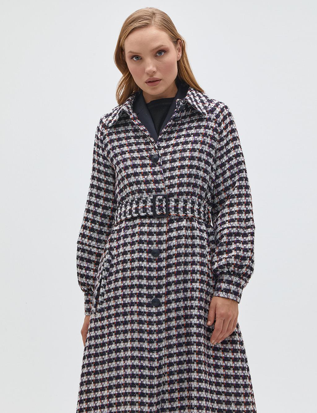 Houndstooth Patterned Tweed Coat Black-Orange