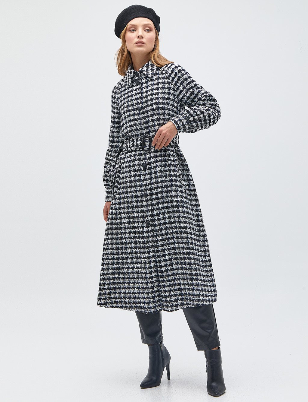 Houndstooth Patterned Tweed Coat Black-Navy