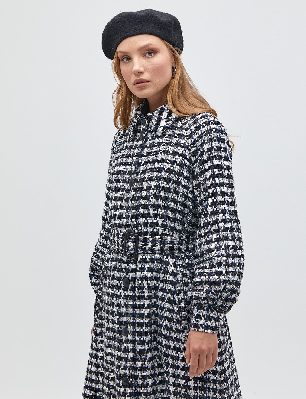 Houndstooth Patterned Tweed Coat Black-Navy