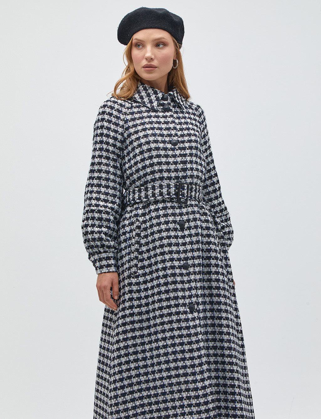 Houndstooth Patterned Tweed Coat Black-Navy