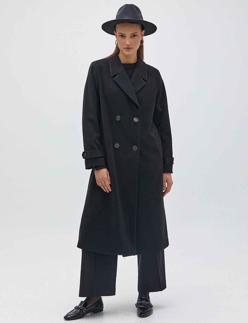 Ankle Epaulette Double Breasted Coat Black