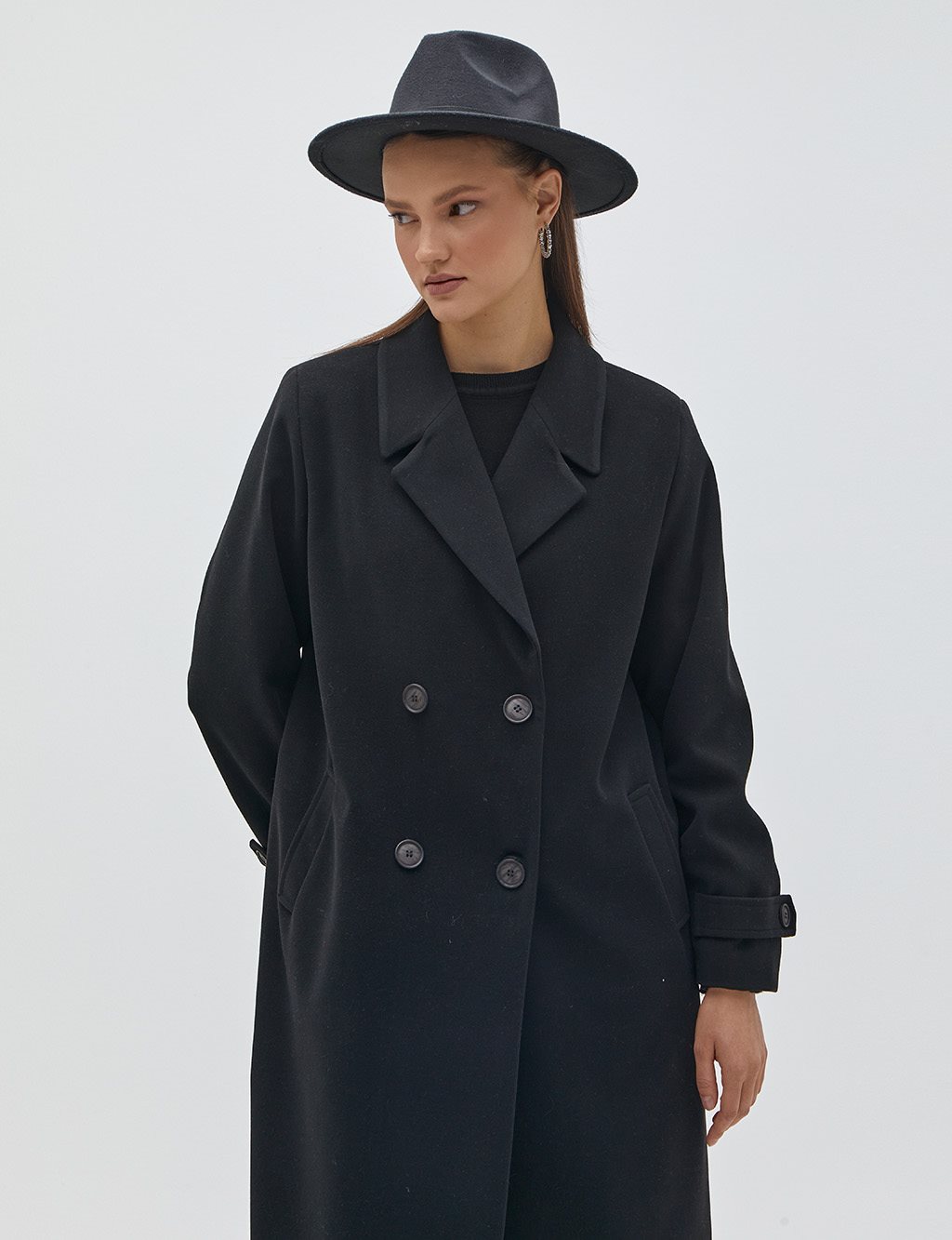 Ankle Epaulette Double Breasted Coat Black