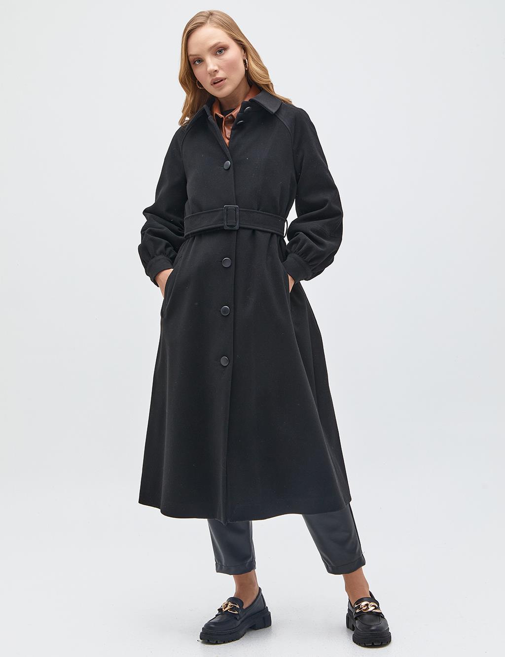 Button Closed Belted Cachet Coat Black