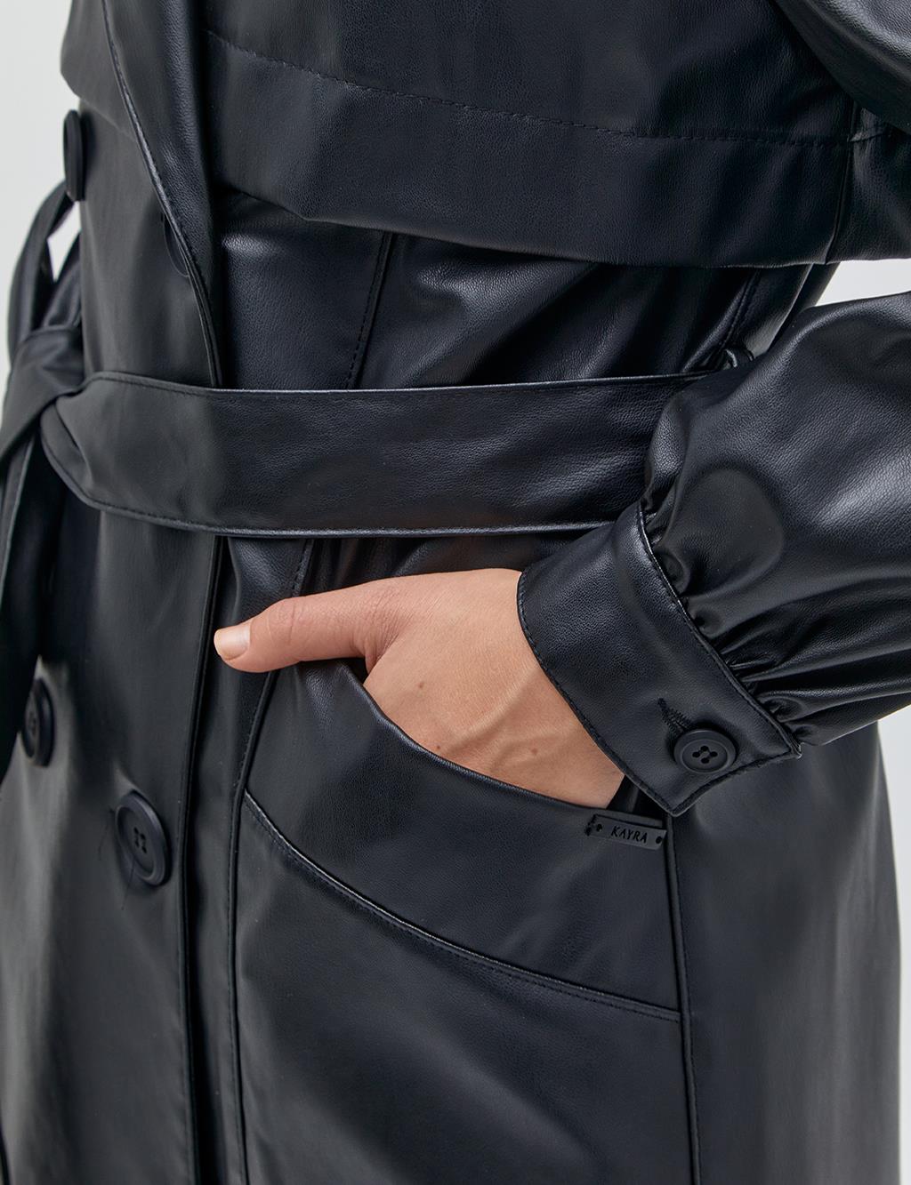 Windbreaker Faux Leather Trench Coat Black