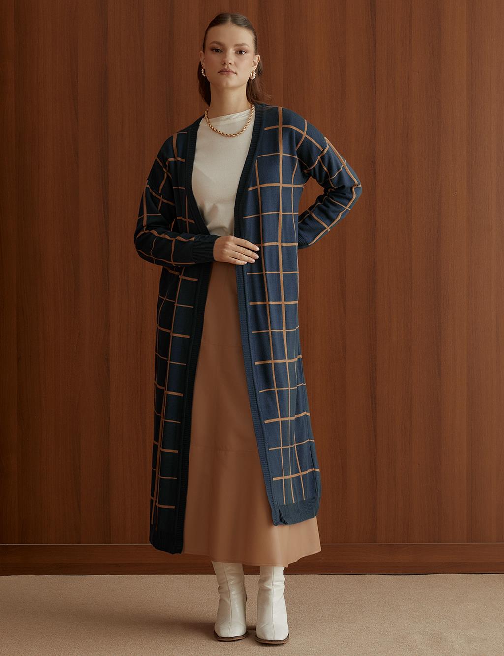 Checkered Long Knitwear Cardigan Indigo