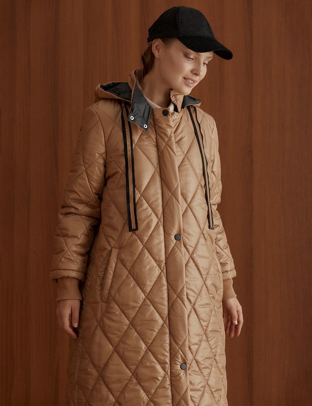 Diamond Slice Quilted Hooded Coat Camel